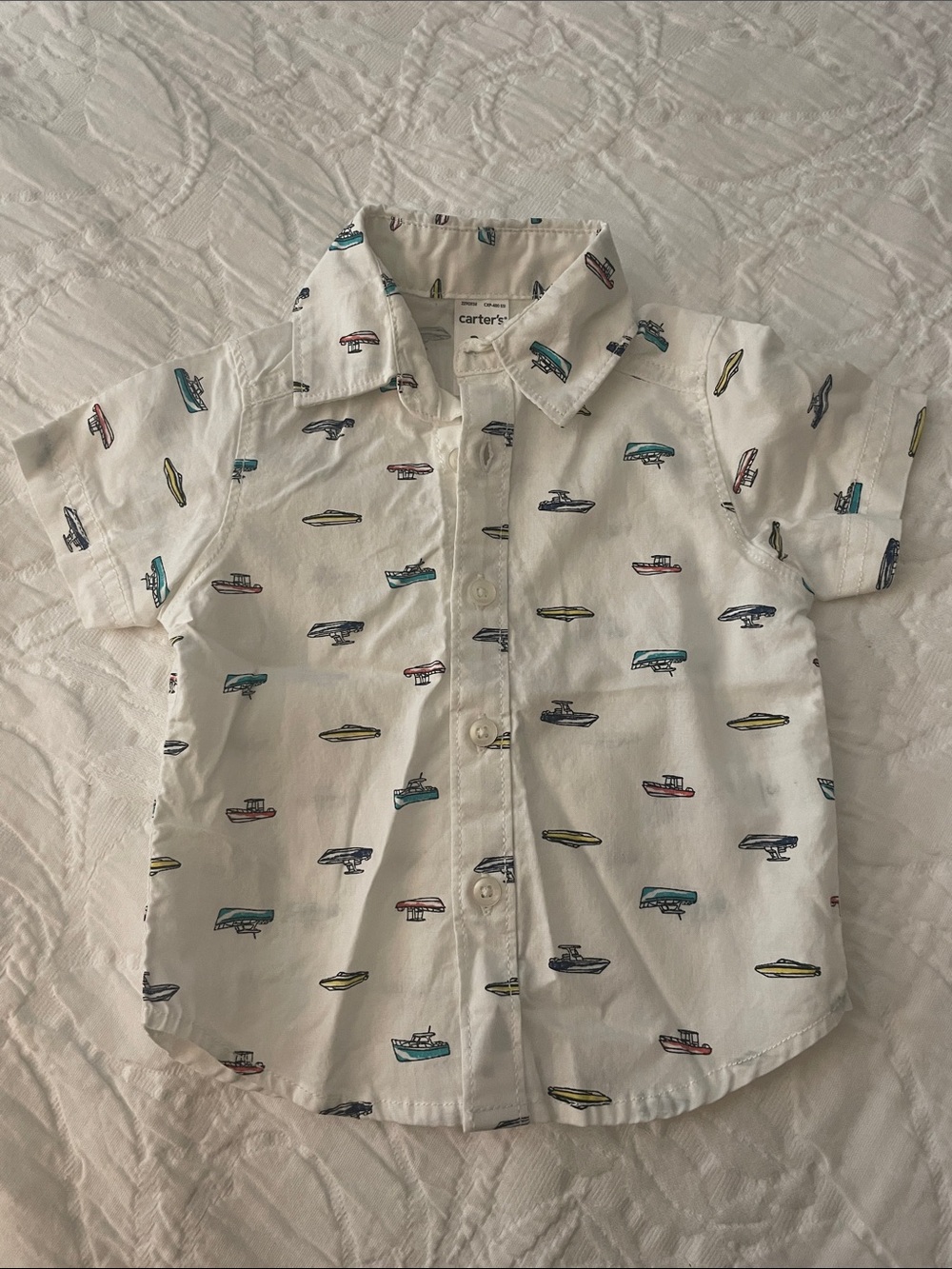 Carter's White Short-Sleeve Button-Down Shirt with Multicolor Boat Print